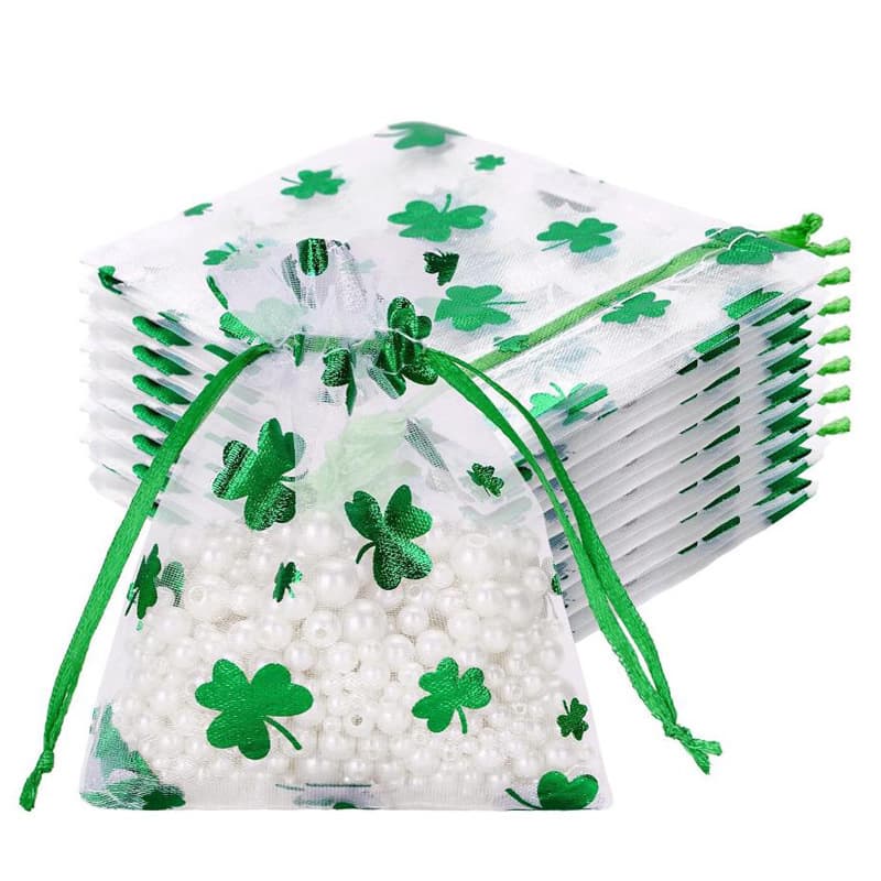 Green Clover Mesh Bag Candy Dried Flower Jewelry Gift Bag Packaging Drawstring Organizer Bag Organza Bag