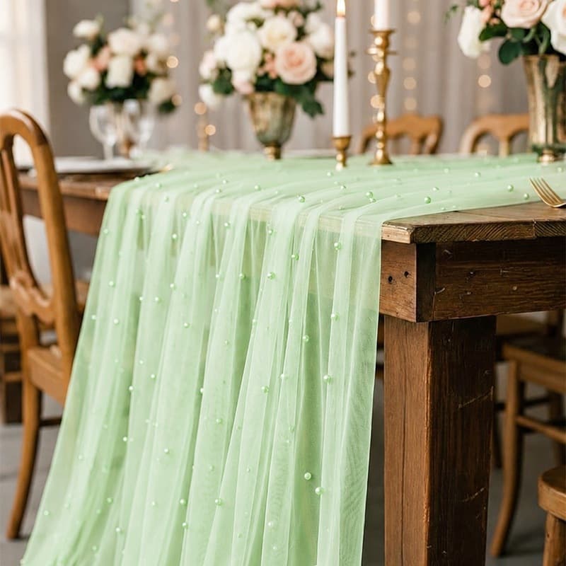 Light Green Pearl Mesh Table Runner Fresh Forest Style Holiday Party Dessert Table Decoration Table Runner Chair Back Mesh Decor