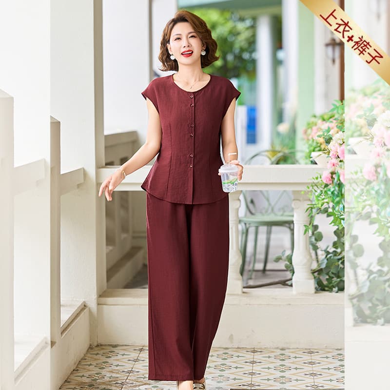 Summer New Style Short-Sleeved Suit for Young Mothers, Breathable Ice Linen Two-Piece Set, High-End Small Shirt Suit for Middle-Aged Women