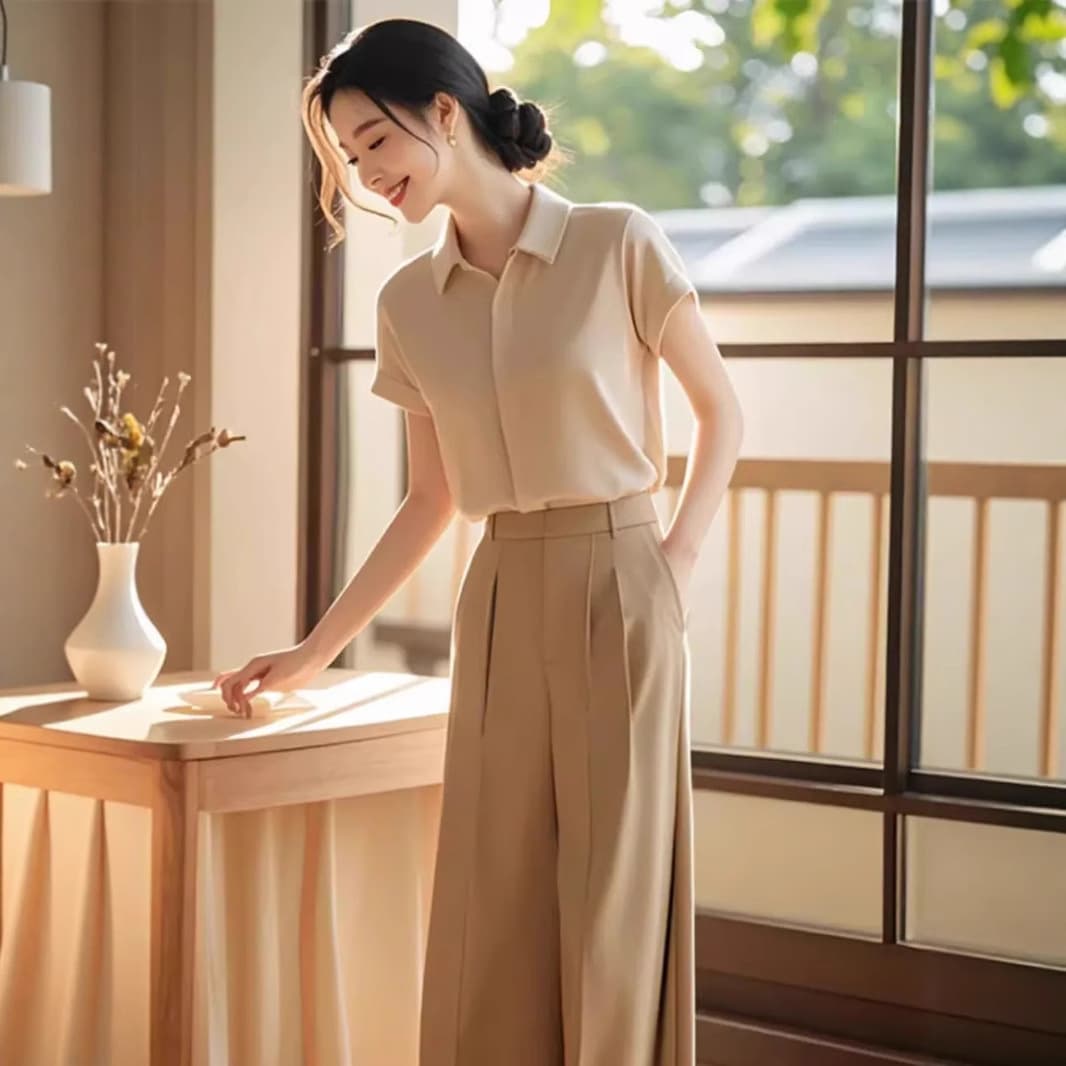 2025 New Minimalist Chic Professional Blouse and Pants Two-Piece Set Women's Summer