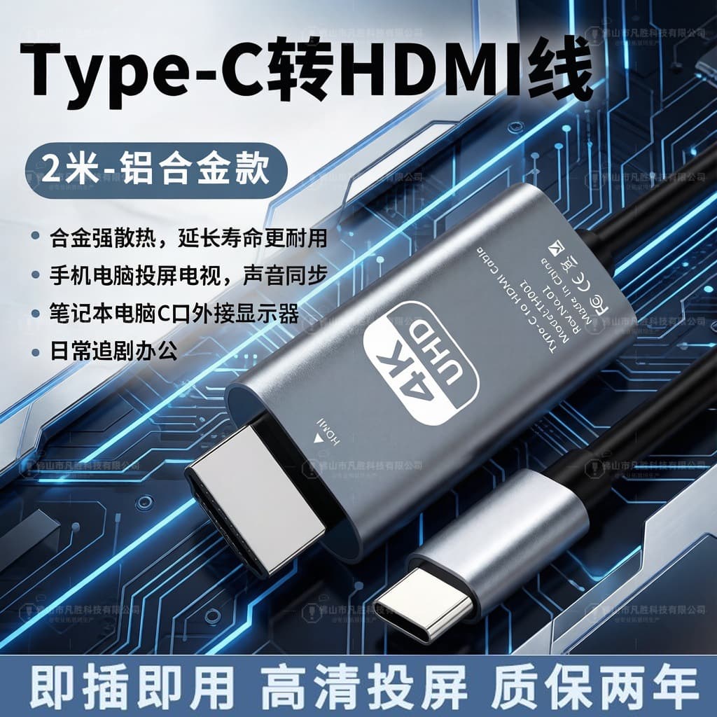 Type-C to HDMI Cable for Phone to TV Screen Mirroring, Laptop to Projector 4K High-Definition Adapter Cable
