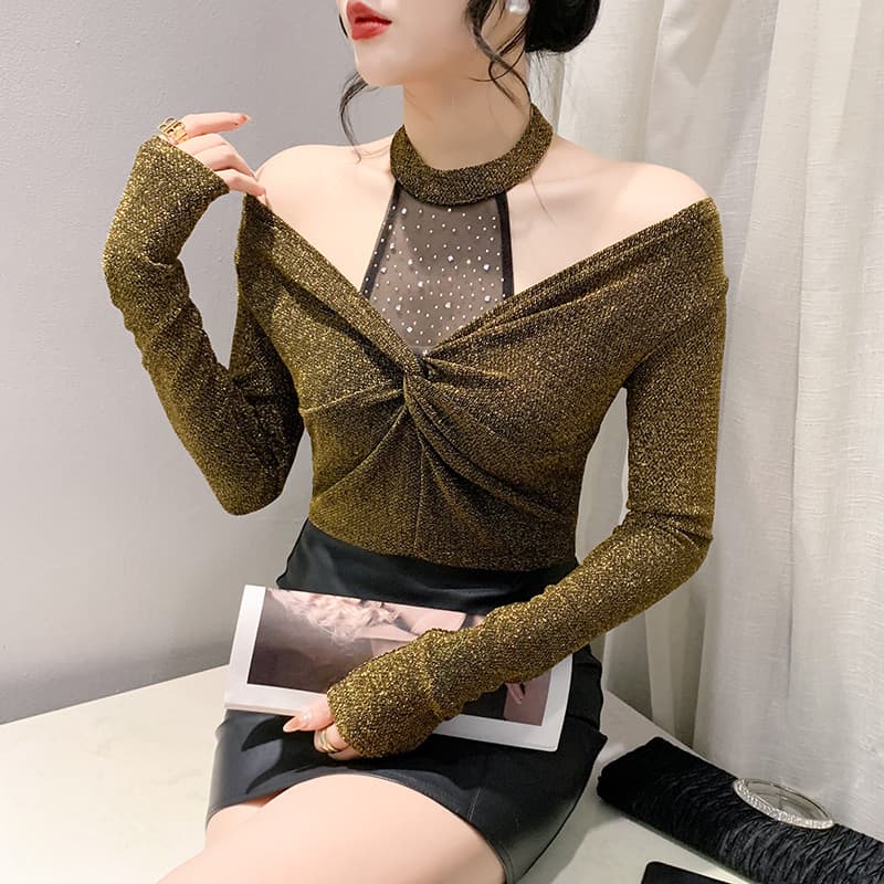 Real Shot of 2025 Spring New Design Fashionable Halter Versatile Elegant Hot Diamond Twist Long-Sleeved Slim Shirt for Women