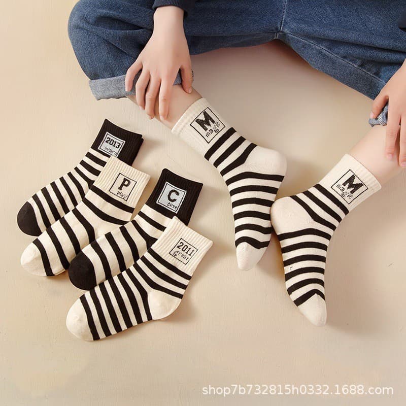 Children's Socks Boys Mid-Calf Spring Autumn Baby Toddler Korean Cartoon Striped Black White