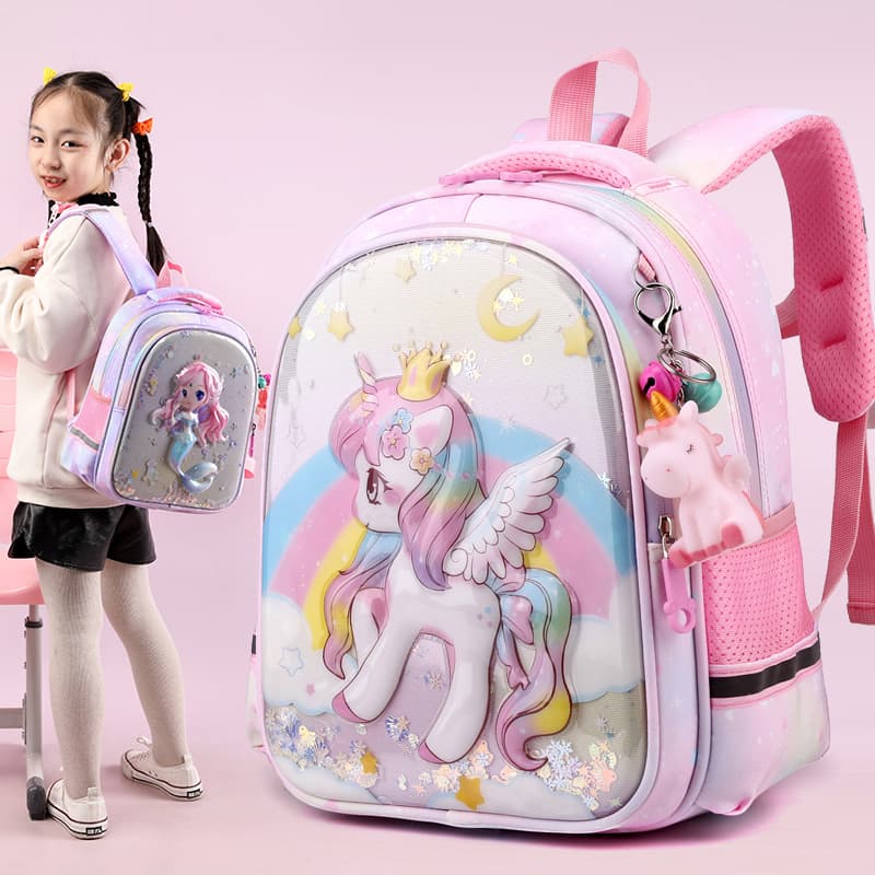 Cartoon Unicorn Backpack for Elementary School Girls, New Lightweight Ergonomic Kids School Bag, Cross-border