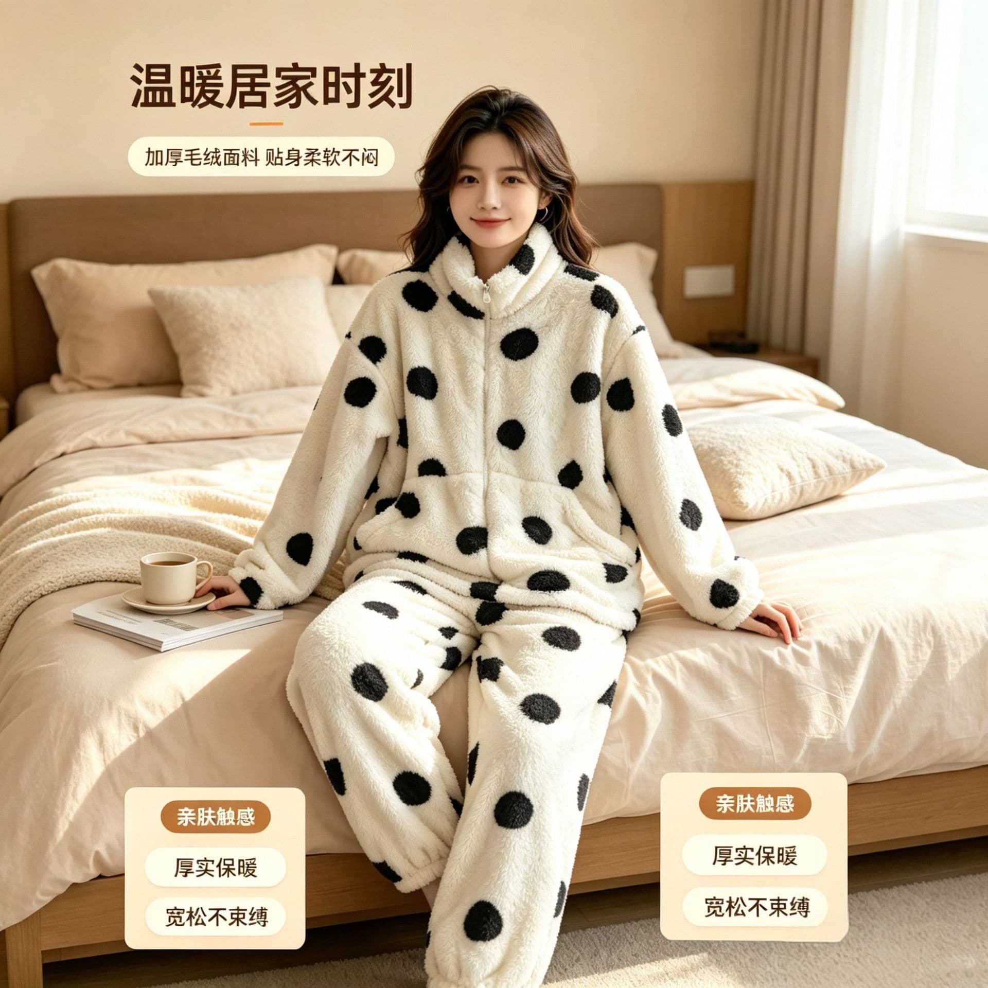 2026 Autumn Winter Fashion Polka Dot Coral Fleece Pajamas for Women Fleece-Lined Thickened Plus Size Loose Cold-Proof Home Warm Set