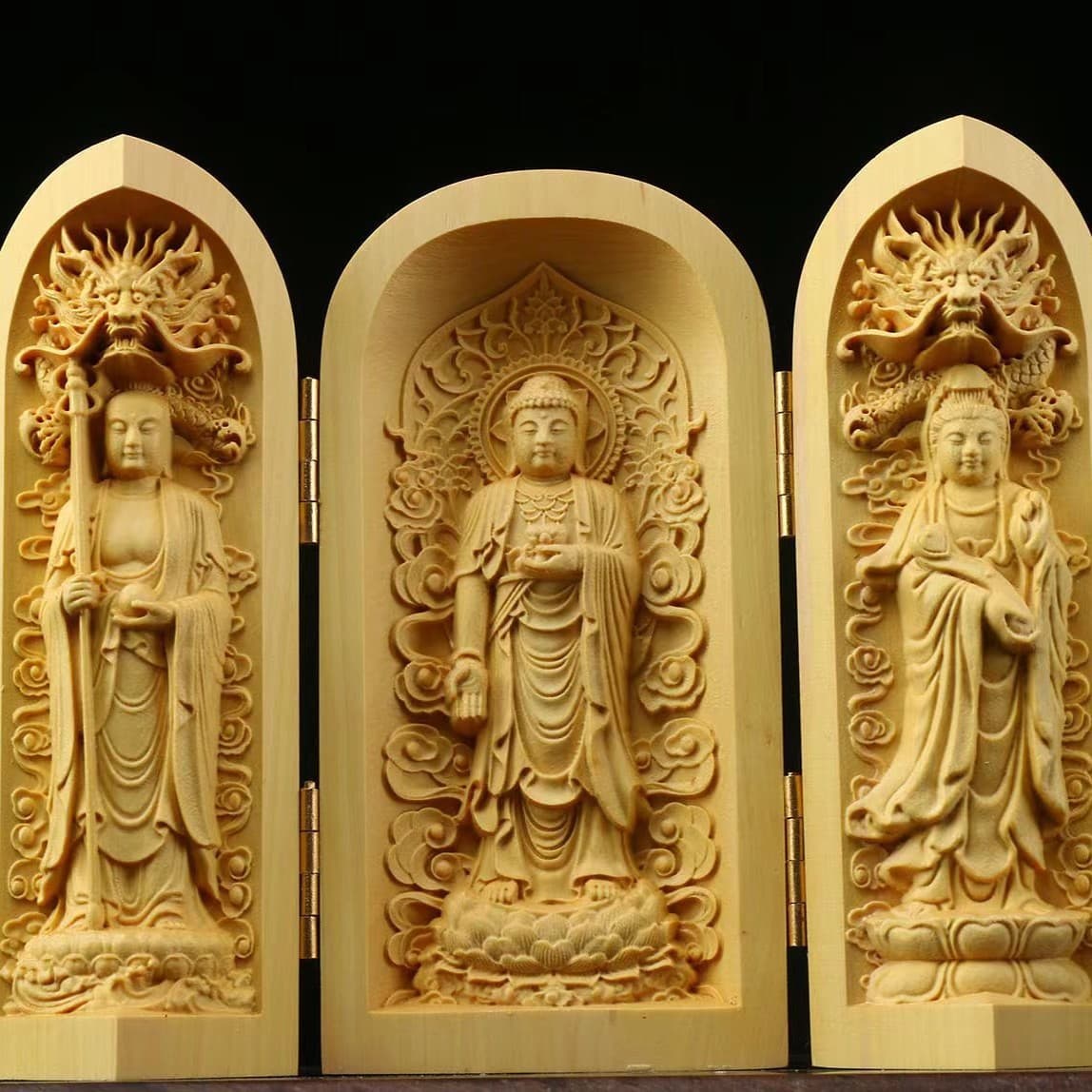 Boxwood Carved Portable Buddhist Shrine with Thousand-Armed Guanyin Bodhisattva, Western Three Saints Statue, Three-Panel Box, Home Decoration