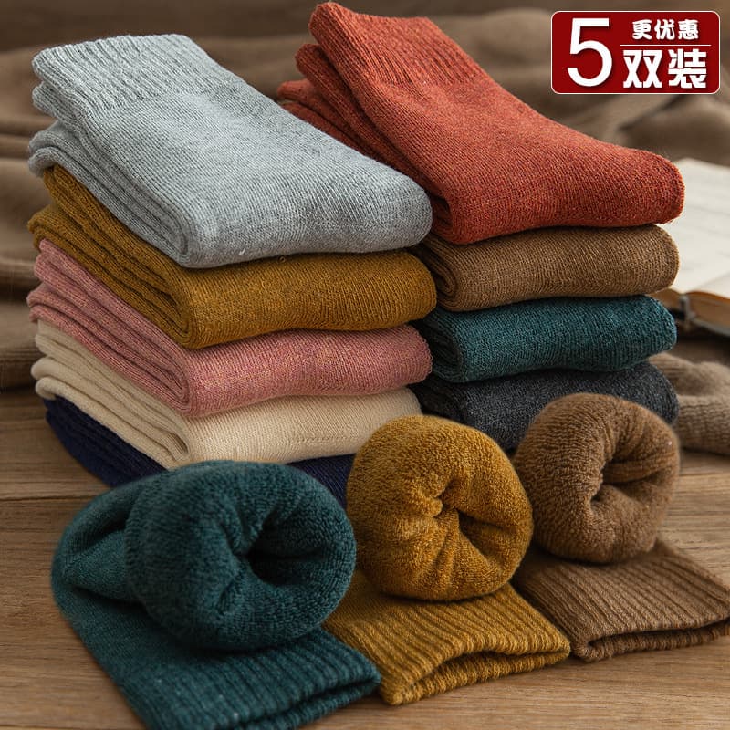 Thick socks for women, winter fleece-lined mid-calf terry socks, men's black long cotton socks, thickened warm pure cotton towel socks.