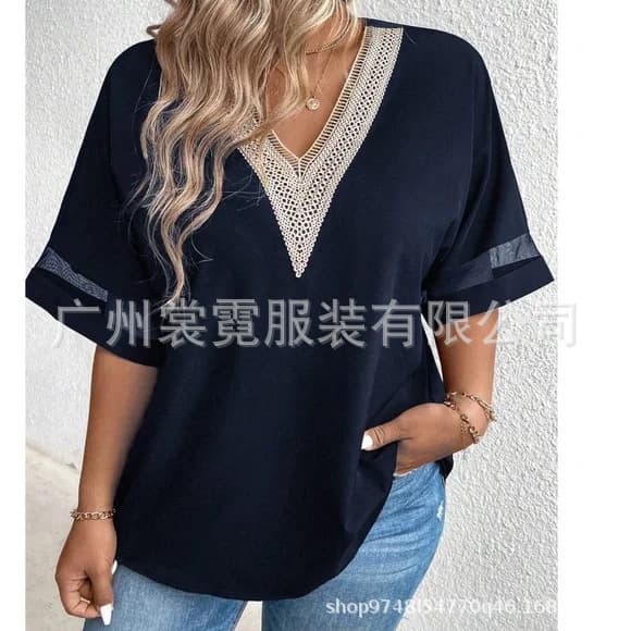 New summer cross-border foreign trade Amazon AliExpress lace short-sleeved solid chiffon tops plus size women's clothing