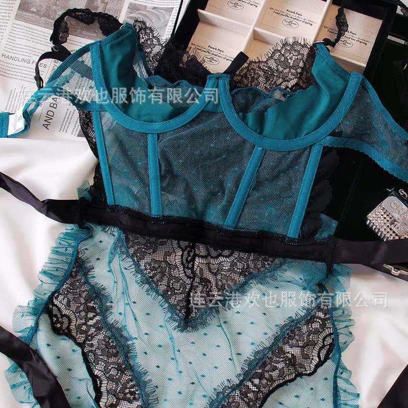 Huanye's new cross-border sexy lingerie lace pure desire hollow set color-blocked mesh color-blocked hollow sleepwear for women