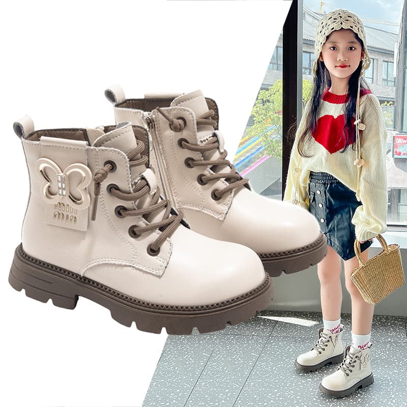 Fleece-Lined Children's Bow Short Boots 2025 Autumn/Winter New Style Girls' Fashion Black Martin Boots Girls' Street-Style Leather Boots