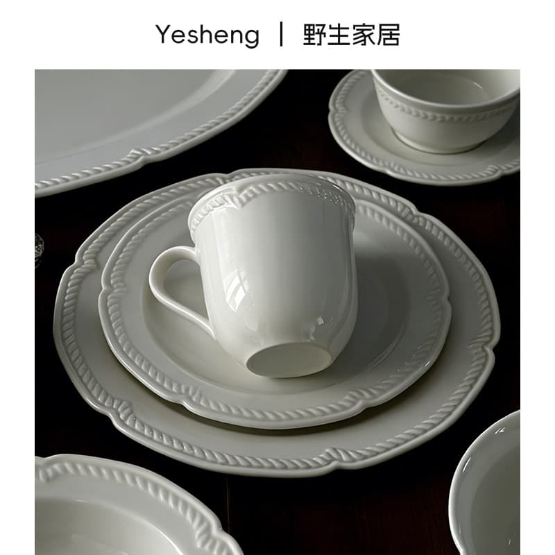 French-style embossed ceramic dessert plate and coffee cup set, premium home tableware, wholesale