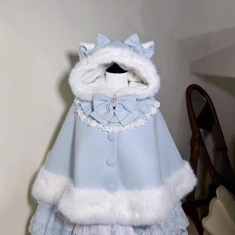 Cat-ear cape, a vintage Lolita-style plush cape perfect for autumn and winter, exuding a sophisticated and elegant vibe, often paired with a Lolita shawl.
