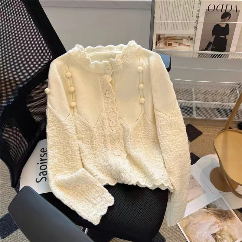 French-Style Gentle and Cute Youthful Cardigan Sweater with Pom-Poms and Wavy Collar, New Spring and Autumn Hollow-Out Design Knitwear