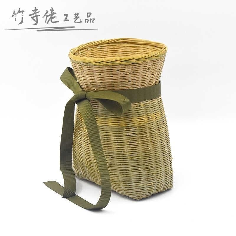 Full green leather bamboo basket for picking tea, handmade bamboo basket for rural home, small back basket, bamboo basket for picking tea, fishing bamboo basket for picking tea
