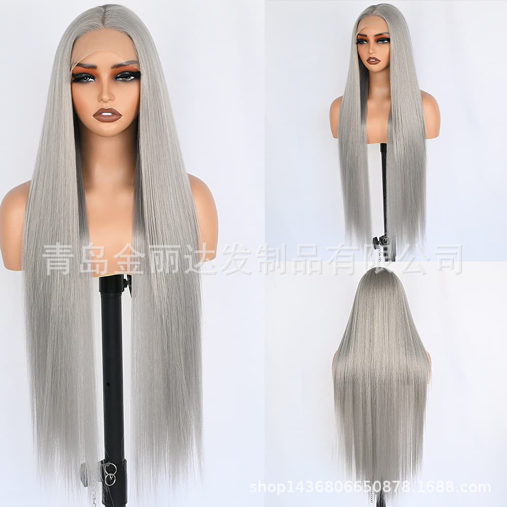 Fashion Lace Wig, European and American Export, Granny Gray Long Straight Women's Wig, Synthetic Fiber Wig, Full Cap