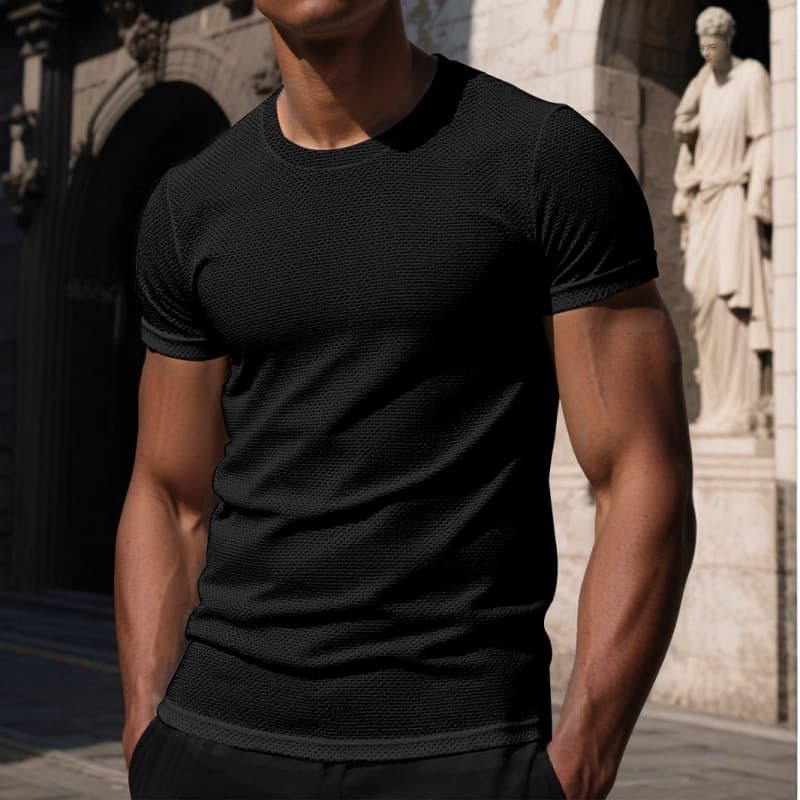 New Summer Round Neck Short Sleeve T-Shirt High-End Mesh Ice Silk Short Sleeve T-Shirt Men's Shirt Collar Summer Solid Color