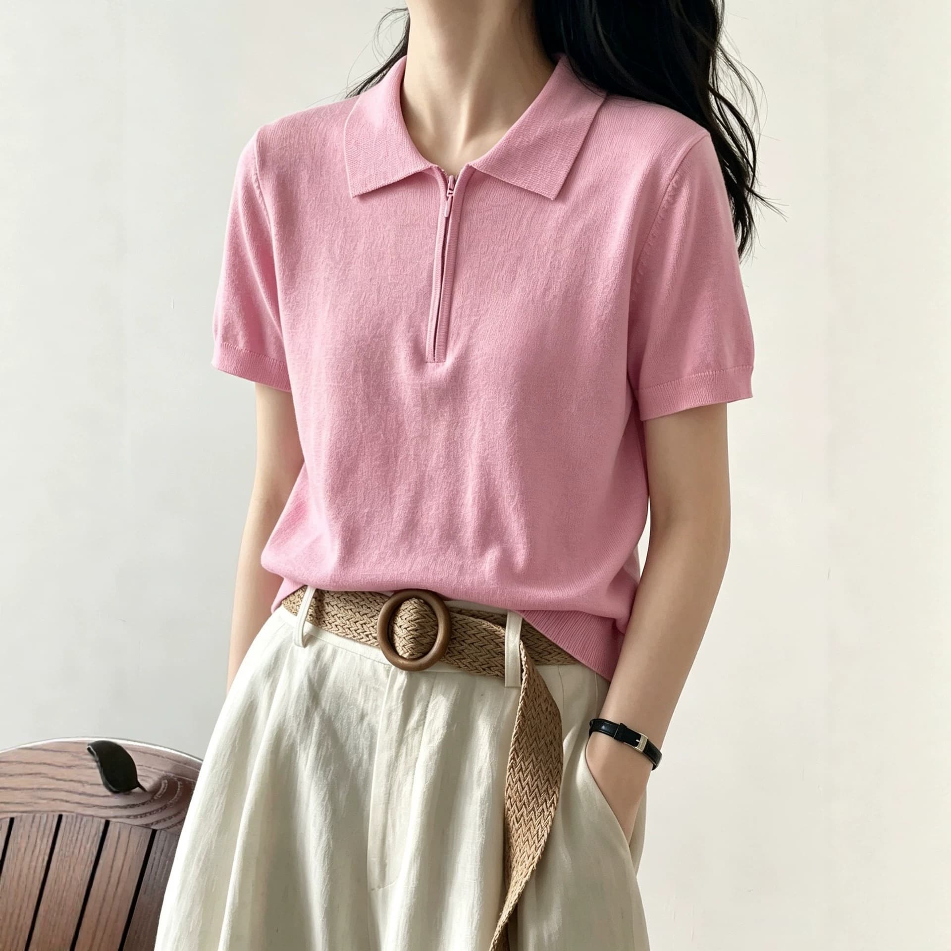 Summer Half-Zip Design Knit Top for Women, French Collar Stylish Short-Sleeve Base Layer Crop Top