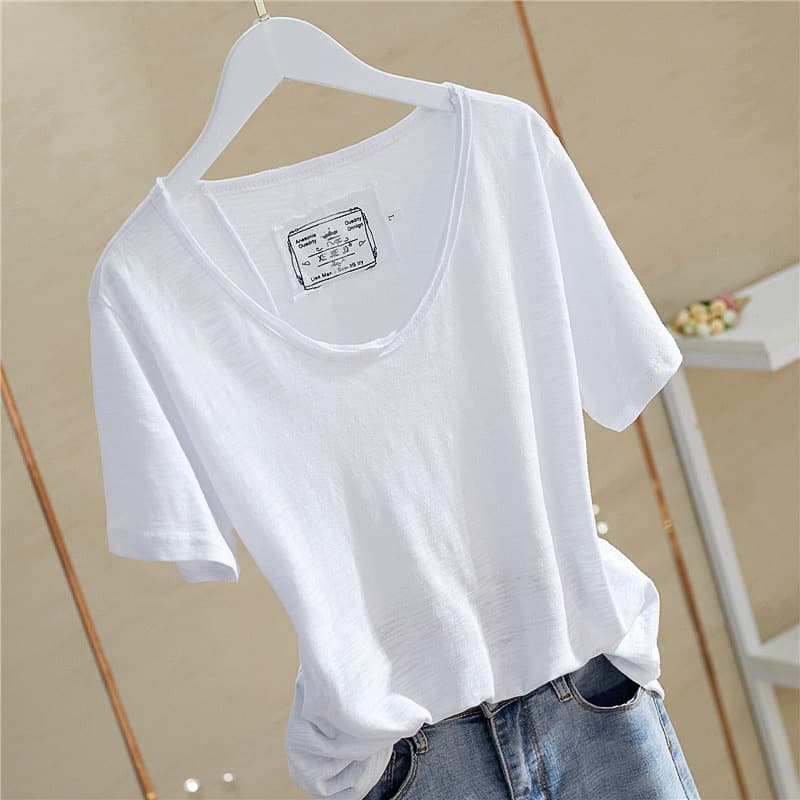 Cotton T-Shirt Short Sleeve Women 2024 Ins White Loose Fit Plus Size Base Top Women's Slimming Inner Layer
