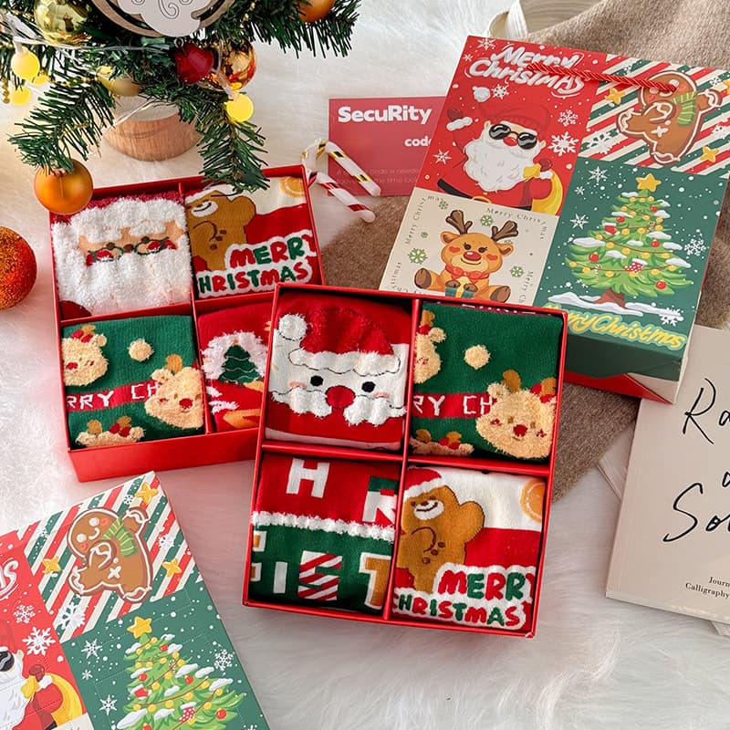 Christmas Stocking Gift Box Set Women's Mid-Calf Socks Cartoon Winter Cotton Socks Gift Socks Couple Red Cute New Year Socks