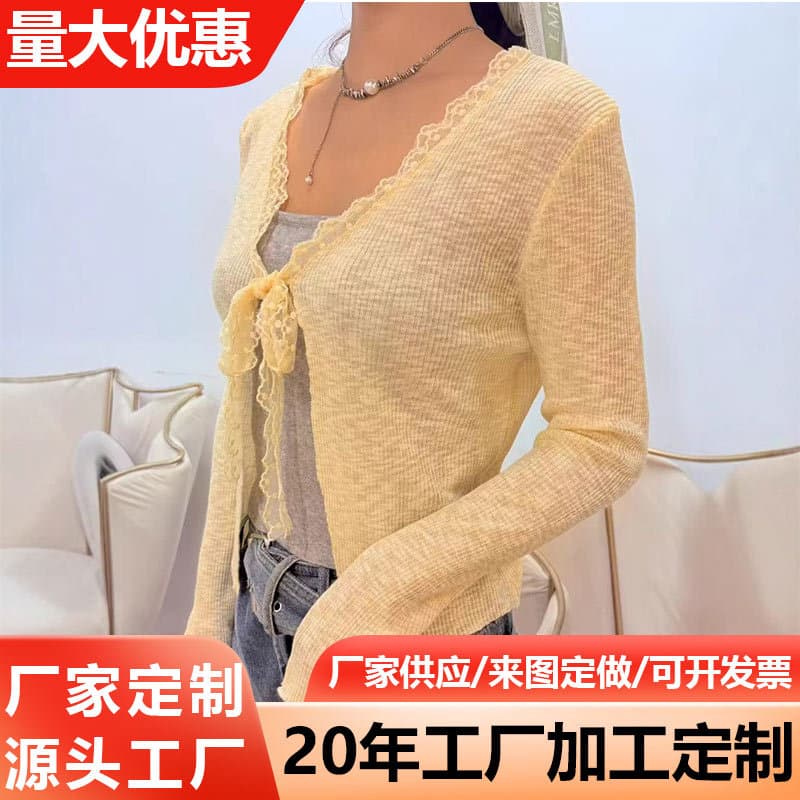Lace splicing lace-up ice silk knitted cardigan for women spring and summer French shawl with sun protection blouse sweater for women