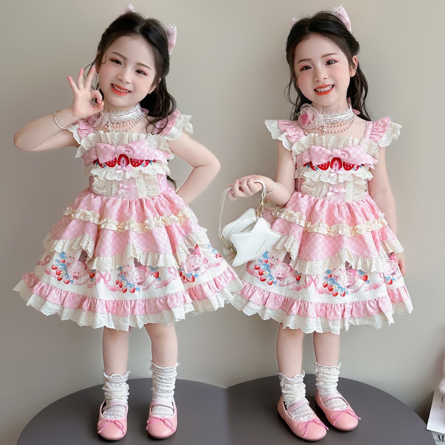 Girls Pink Strawberry Lamb Cake Dress 2026 Summer New Children Lolita Dress Birthday Party Gown