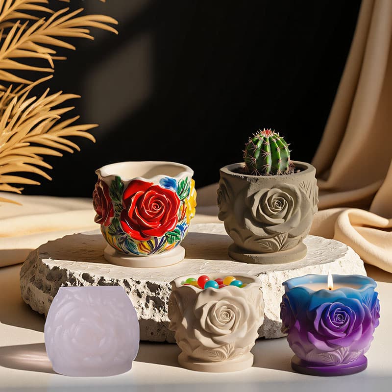Printed Rose Scented Aroma Gypsum Cup Mold DIY Epoxy Resin Storage Cup Flower Pot Decoration Silicone Mold