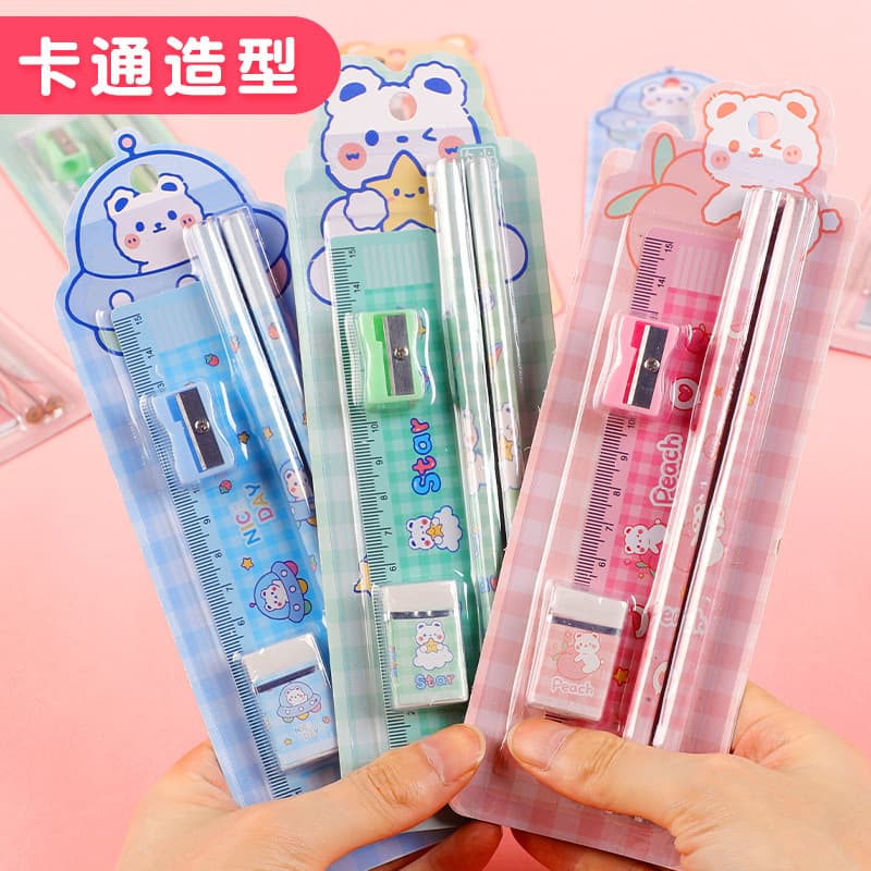 Pencil Set for Students, HB Pencil Eraser Sharpener Ruler 5-Piece Stationery Kit, Children's Learning Supplies
