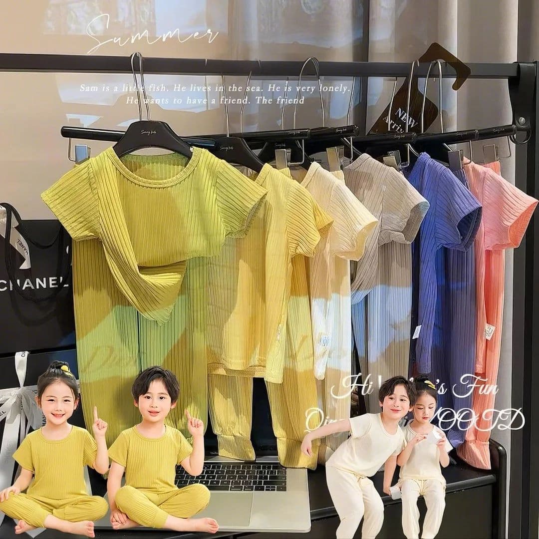 Unisex Kids Home Clothes Set Casual Leisure Solid Color Baby Sleepwear Comfortable Breathable Polyester Fiber Summer Season