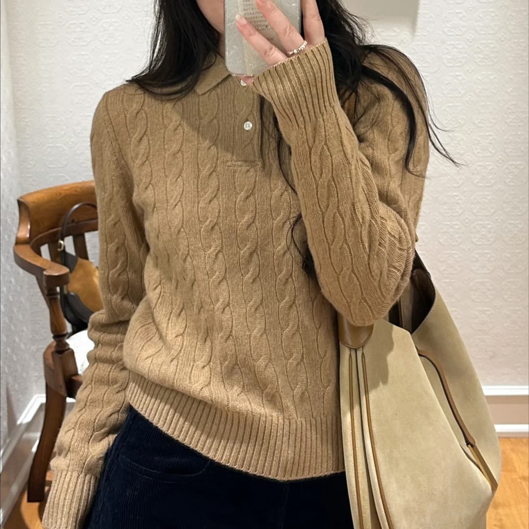2026 Autumn Cable Knit Polo Knitwear Long Sleeve Turn-down Collar Wool Sweater Loose Fit Women RL27244