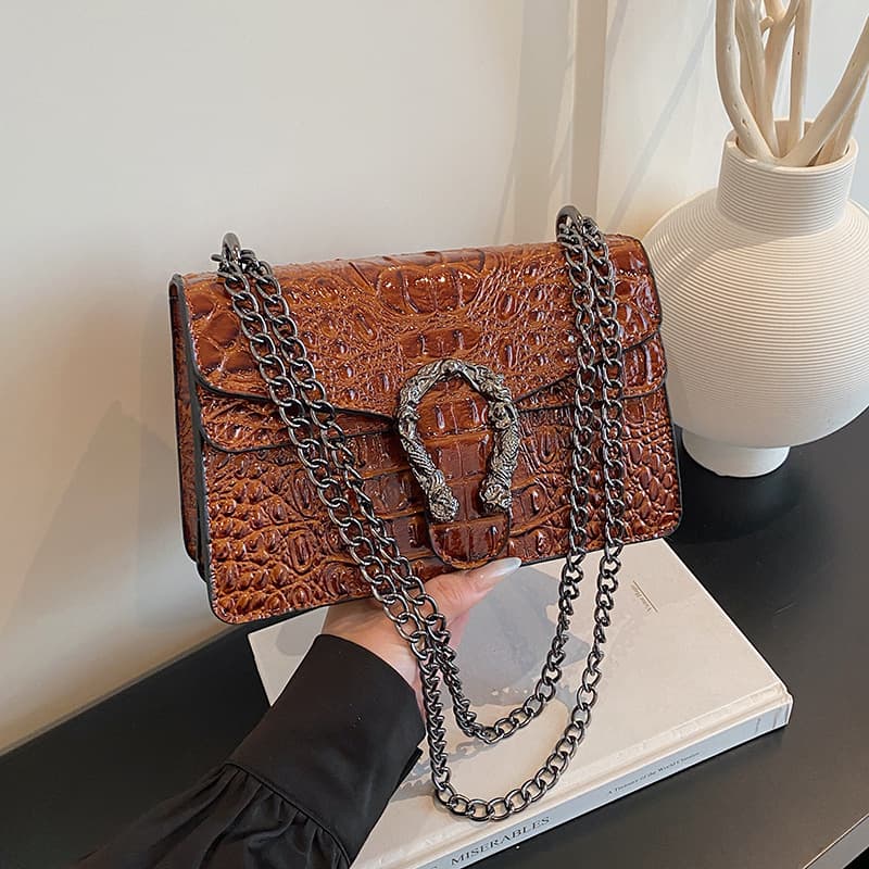 Cross-border patent leather shiny embossed crocodile pattern Dionysus bag fashionable distressed light luxury chain small square bag shoulder crossbody bag