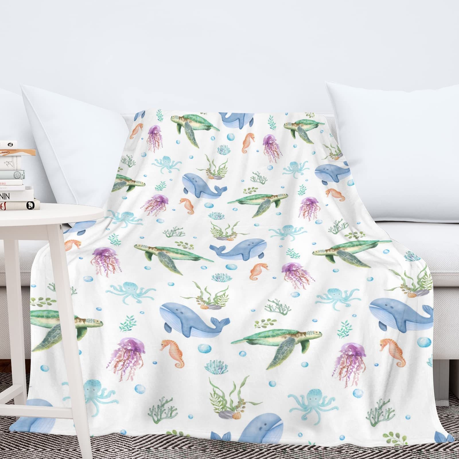Sea Animal Flannel Baby Toddler Blanket Gift Turtle Whale Jellyfish Seahorse Sea Life Baby Blanket