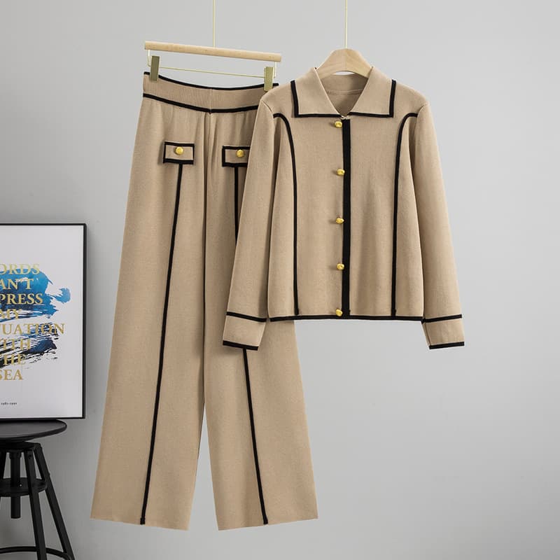 New Fall/Winter Knit Set for Women, European and American Casual Sweater with Polo Collar Pullover and Wide-Leg Pants Two-Piece Set