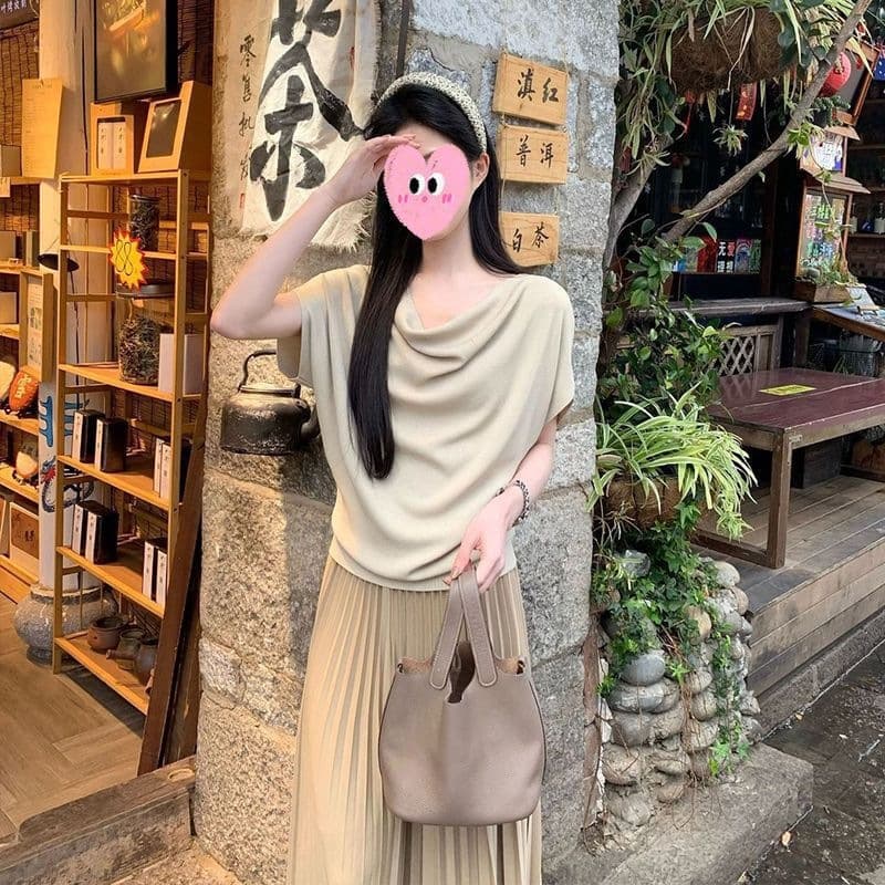 Old Money Style French Draped Collar Off-Shoulder Knit Top Short-Sleeve Women's Summer Asymmetrical Off-Shoulder Top