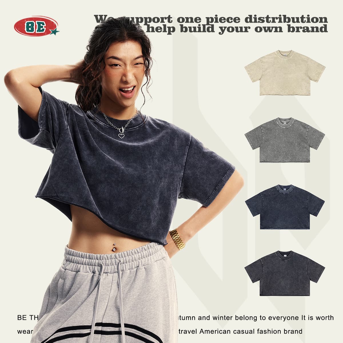 BE Women's Clothing | Summer New European and American Trendy Brand Short Cropped Hot Girl Distressed Washed Short Sleeve Round Neck Loose Crop Top T-Shirt for Women