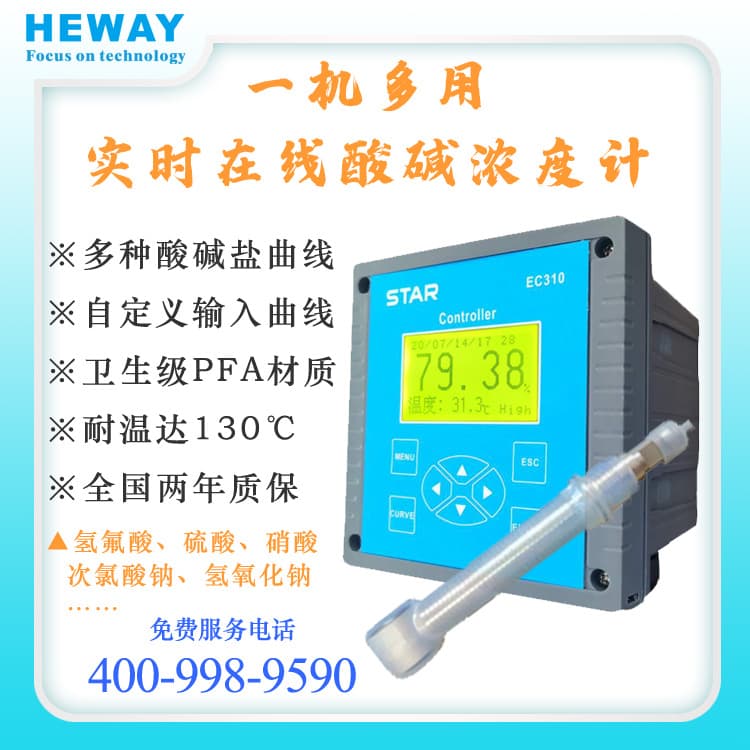 Online hydrofluoric acid HF concentration meter, induction type concentration analyzer with range 0-30%, built-in acid, alkali, and salt concentration curves