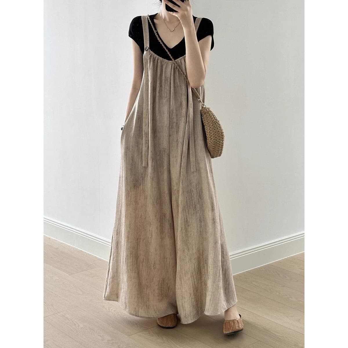 Designer Japanese Artistic Lazy Overalls + T-Shirt Two-Piece Set Women Flowing Floor-Length Jumpsuit Skirt Set
