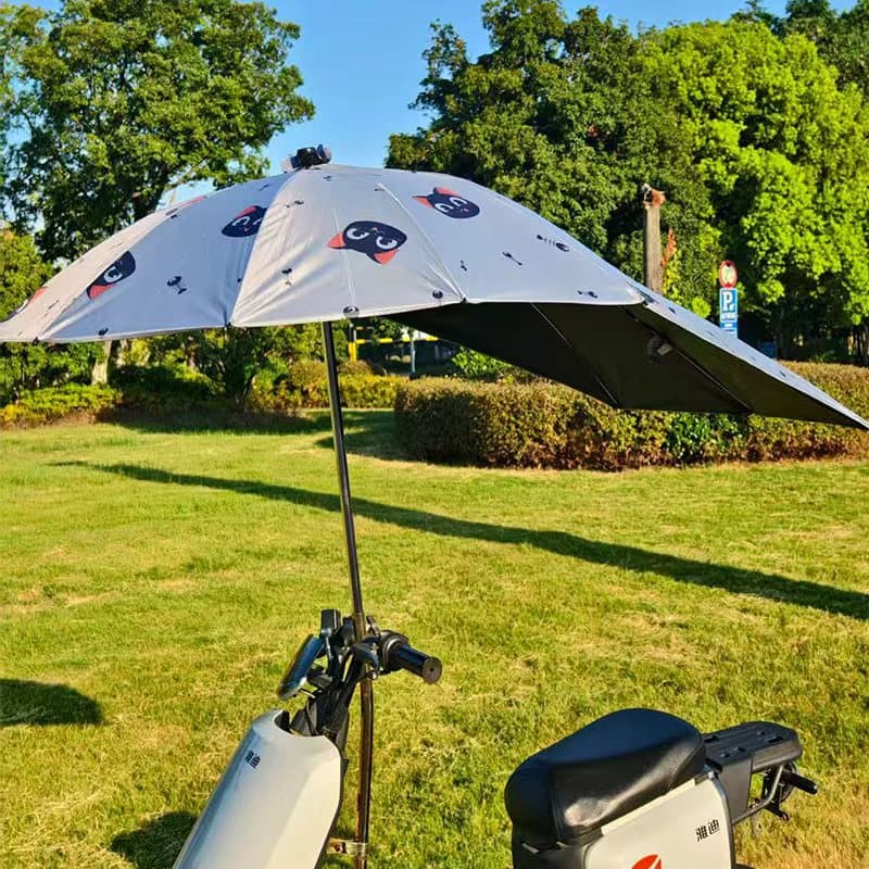 Sun and rain shelters with stands for electric scooters, delivery bikes, and battery-powered bicycles.