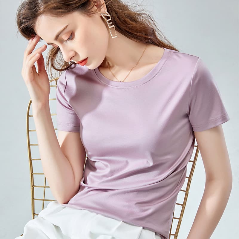 80s Mercerized Cotton Women's T-Shirt 2025 New Arrival Basic Round Neck Pure Cotton Fitted Short Sleeve Top