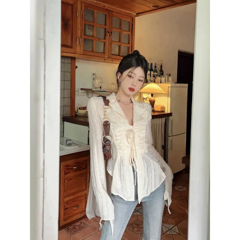 Apricot Chiffon Sun Protection Blouse for Women, Spring/Autumn Fitted Long-Sleeve Shirt V-Neck Irregular Design Niche Top