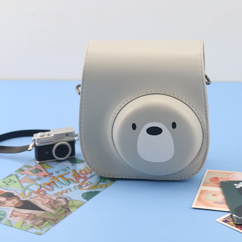 Cartoon gray bear polaroid mini8/9/11/12 universal camera bag PU photography bag shoulder crossbody