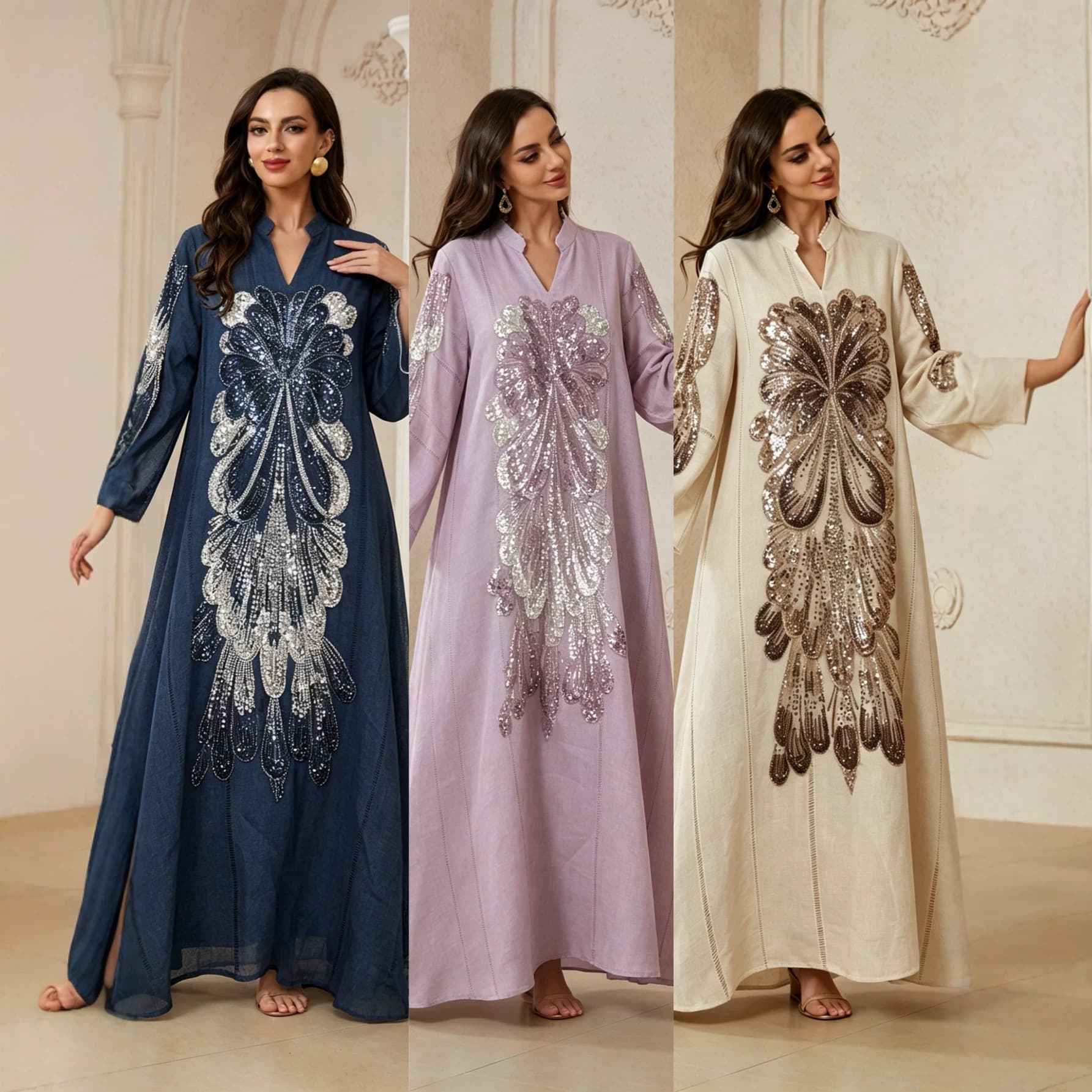 NC209 Cross-border Light Luxury Beaded Robe V-Neck Loose Slimming Dress Fashion Evening Gown Jalabiya