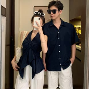 2026 Couple Summer Korean Style Blue Twist Knot Halter Top Simple Shirt