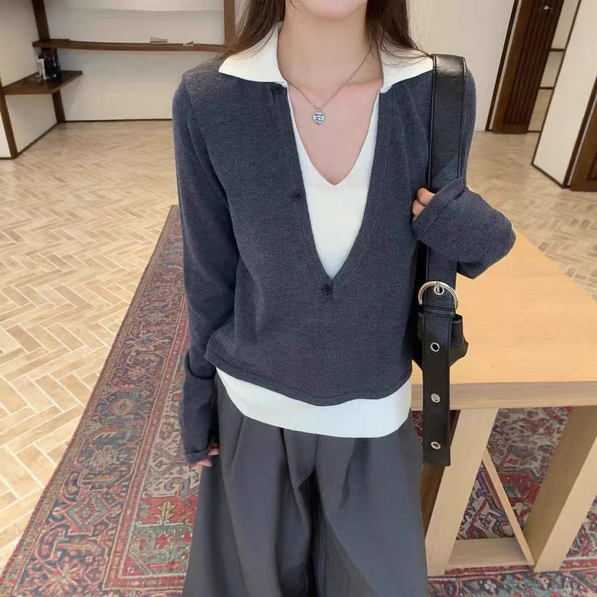 Patchwork Fake Two-Piece Wool Knit Sweater Women's Autumn/Winter New Arrival Color Block V-Neck Base Layer Lapel Top