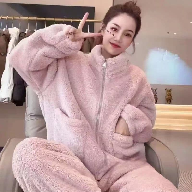 Couple's Coral Fleece Pajamas for Women, Winter 5 New Thickened Warm Loungewear, Can Be Worn Outside, Simple Warm Set