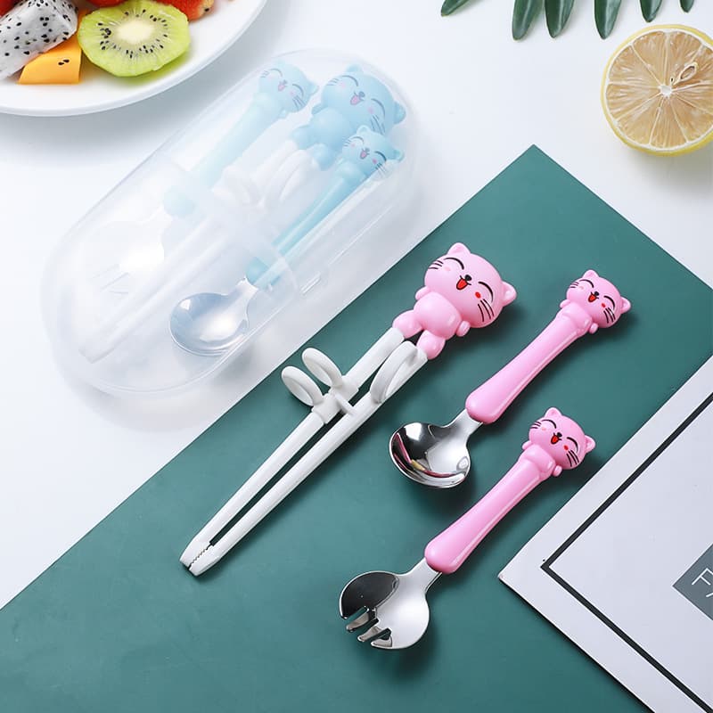 Children's Fork and Spoon Learning Chopsticks, Cartoon Cute Plastic Corrective Training Chopsticks, Baby Practice Chopsticks Tableware Set