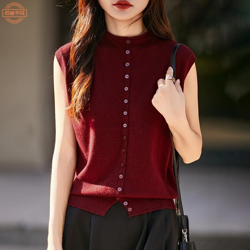 French Sleeveless Knit Vest Cardigan Women's Sweater Vest New Design Button Half High Neck Top