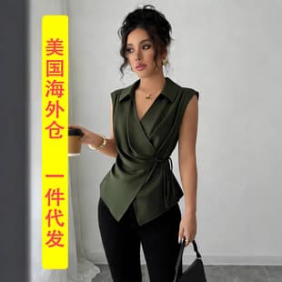 Women's Sleeveless Olive Green V-Neck Wrap Blouse with Waist Tie, Fashionable Top for Overseas Warehouse