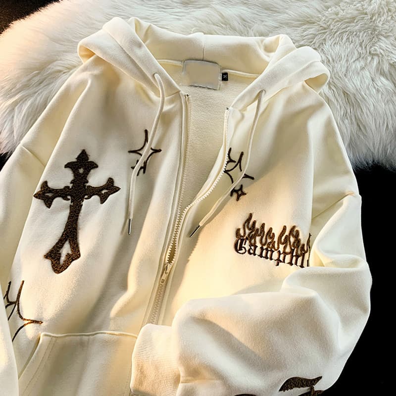 American Retro Oversize Hoodie Sweatshirt Women's Casual Outerwear Autumn Winter Coat Fun Print Couple's Loose Fit Cardigan