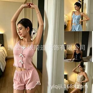 New Foreign Trade Style Sexy Pajamas Front Slit Bowknot Camisole Sleepwear Homewear Camisole Shorts Set