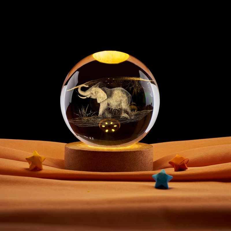 Cross-border Wholesale Elephant 3D Laser Engraved Crystal Ball Warm Light Healing Night Light Music Box Gift